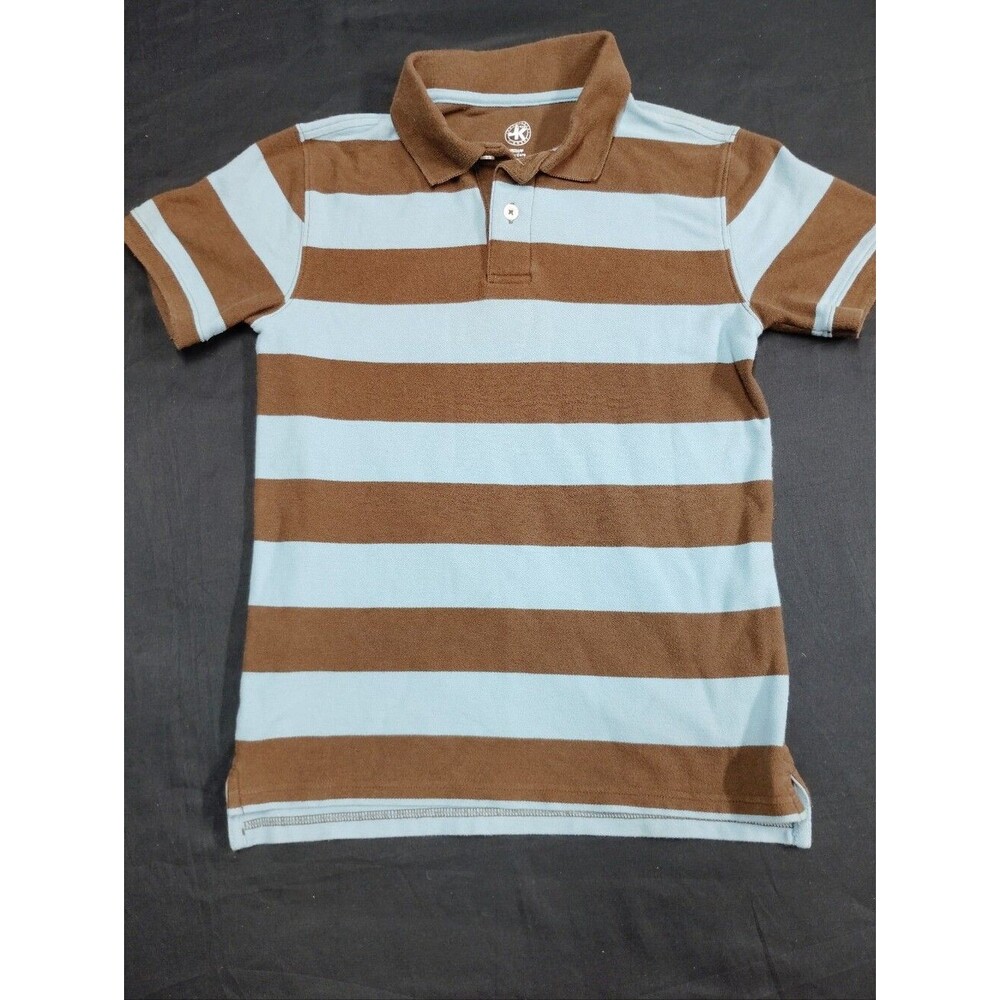 J. Khaki Striped Polo Short Sleeve in Brown and Light Blue - Boys Medium